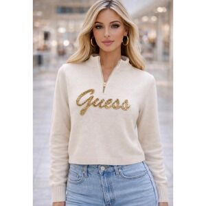 Luxury Y2K Guess half-zip sweater, cream w/gold sequin logo.Quite Luxury, preppy